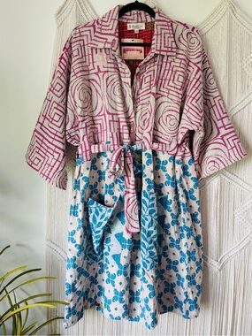 Kantha Bae Zen Romper Shortall Pink/Blue Vintage Sari Cotton Kantha Pants OS NWT